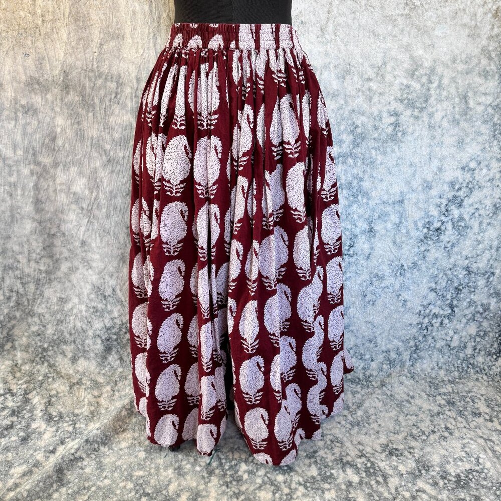 Nayo XL Burgundy & White Paisley Maxi Broom Skirt